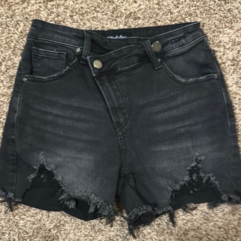 Risen Black Distressed Jean Shorts with Crossover Panel and Frayed Hems